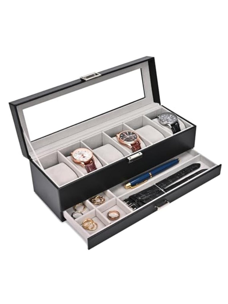 Watch Box 6 Slot Watch Display Case With Drawer Black